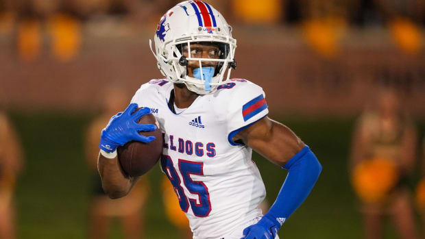 Sep 1, 2022; Columbia, Missouri, USA; Louisiana Tech Bulldogs wide receiver Cyrus Allen (85) runs for a touchdown against the Missouri Tigers during the second half at Faurot Field at Memorial Stadium.